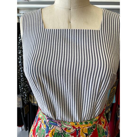 vintage 1960s pinstriped sleeveless top button back chambray white seersucker 34 - Picture 5 of 9